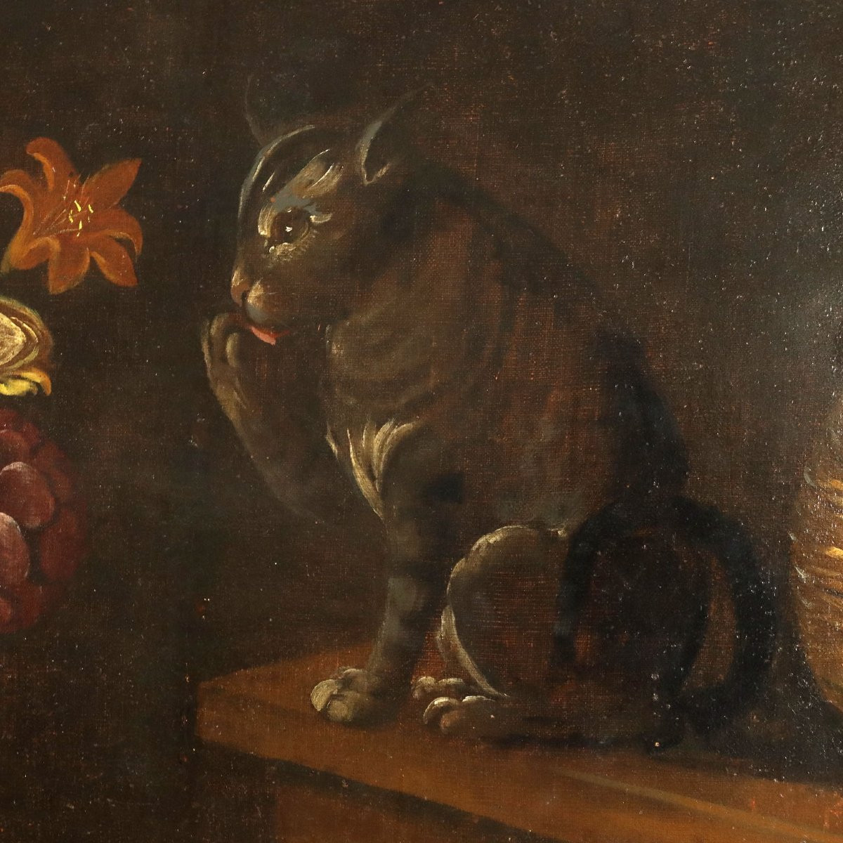 Antique Painting Still Life With Fruit Vegetables And Cat Oil On Canvas Italy XVII Century-photo-3