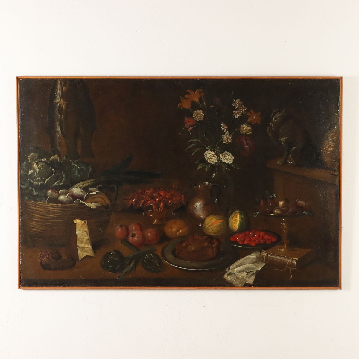 Antique Painting Still Life With Fruit Vegetables And Cat Oil On Canvas Italy XVII Century