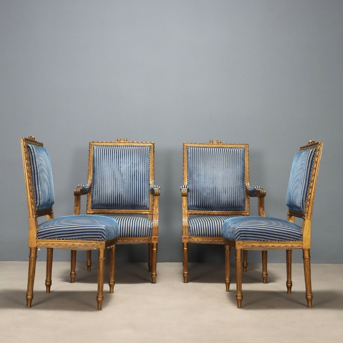 Pair Of Gilded Neoclassical Armchairs And Chairs, Italy, Late 19th Century-photo-3