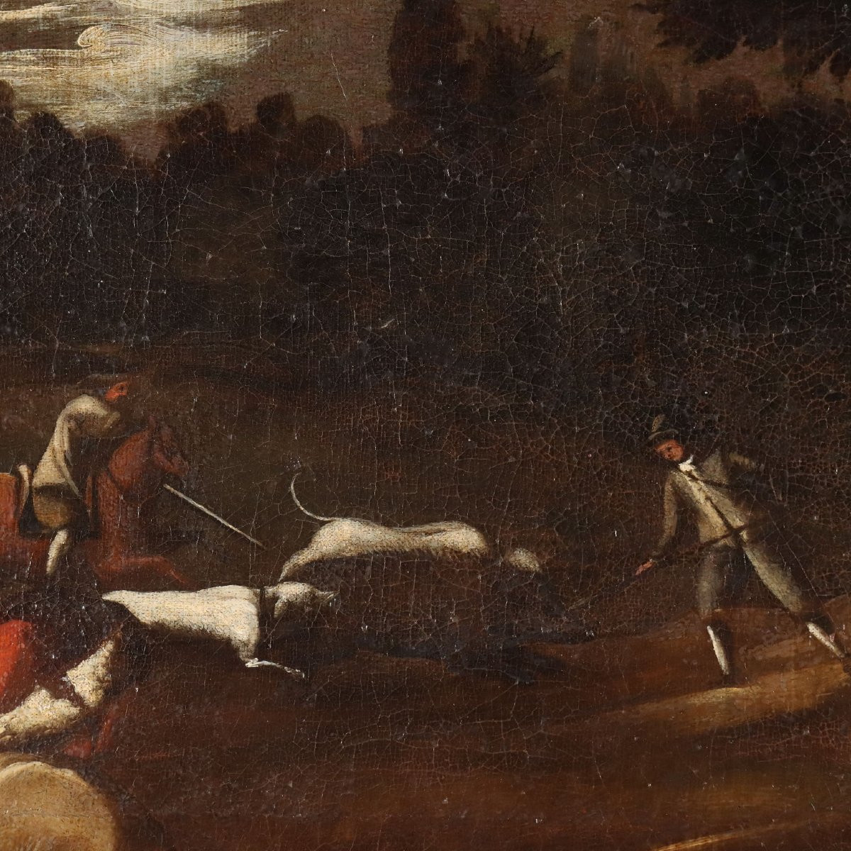 Antique Painting Hunting Scene Oil On Canvas Italy XVIII Century-photo-2