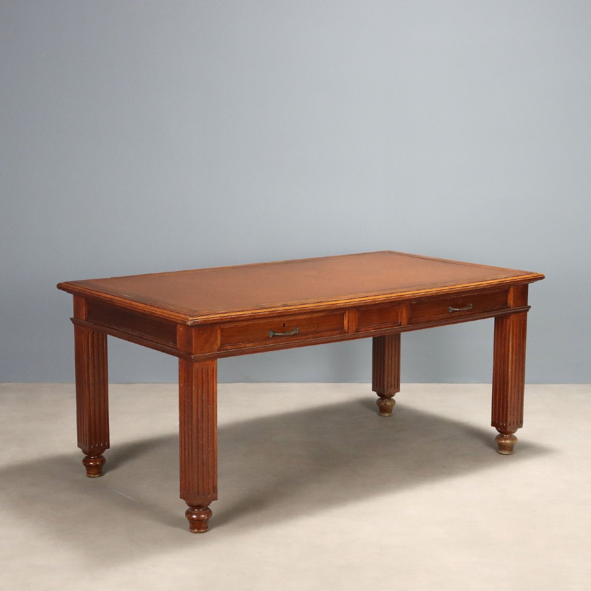 Bureau Ancien Noyer avec Tiroirs Cuir Marron Italie XIXe Siècle-photo-4