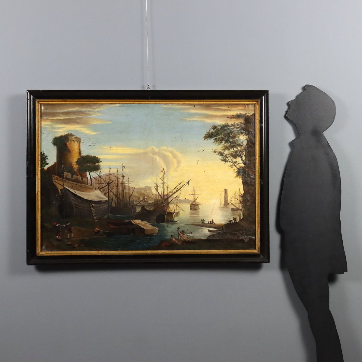 Tableau Ancien Vue du Port Huile sur Toile Italie XVIIIe Siècle-photo-2