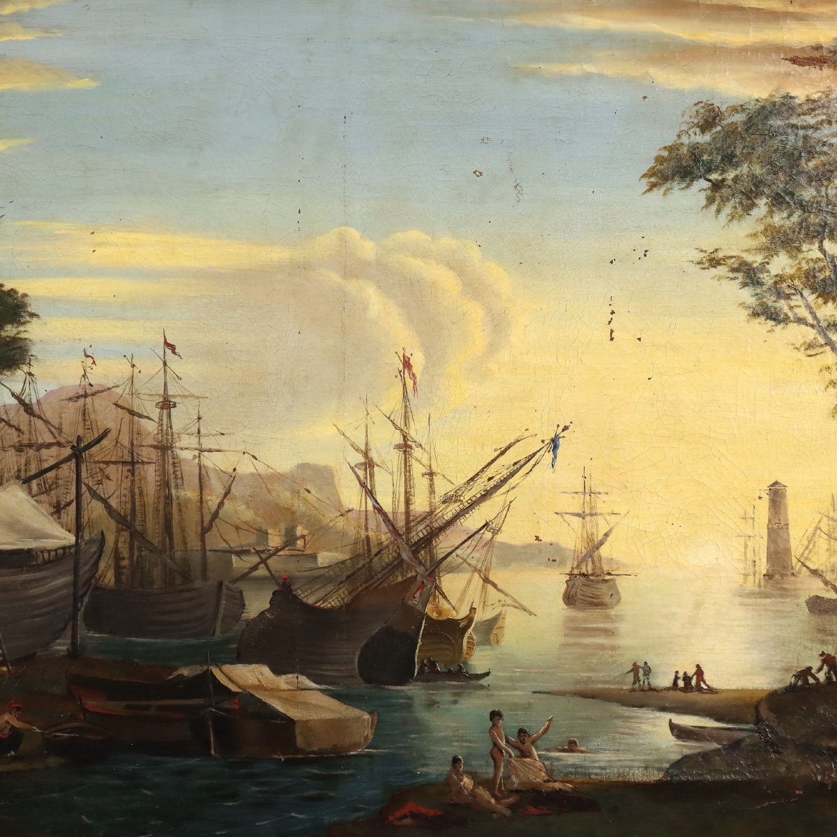 Tableau Ancien Vue du Port Huile sur Toile Italie XVIIIe Siècle-photo-3