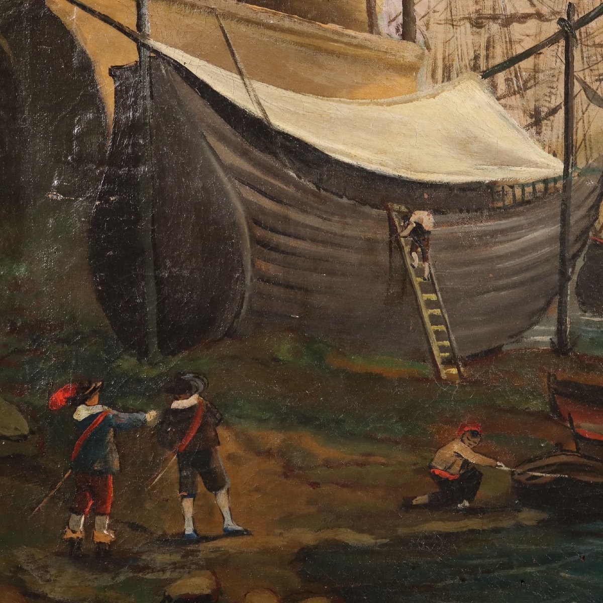 Tableau Ancien Vue du Port Huile sur Toile Italie XVIIIe Siècle-photo-4