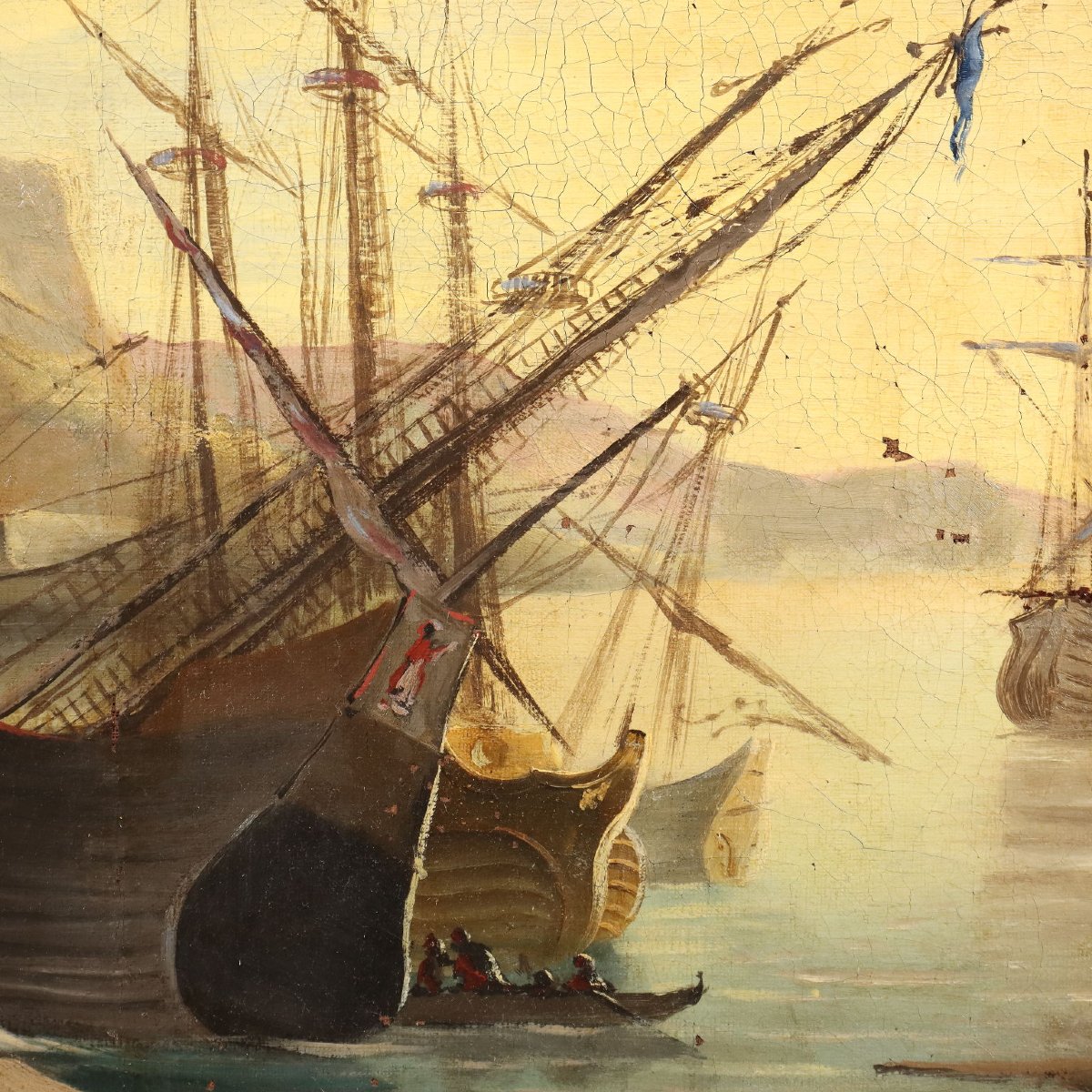 Tableau Ancien Vue du Port Huile sur Toile Italie XVIIIe Siècle-photo-1