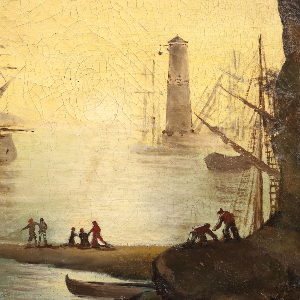 Tableau Ancien Vue du Port Huile sur Toile Italie XVIIIe Siècle-photo-2