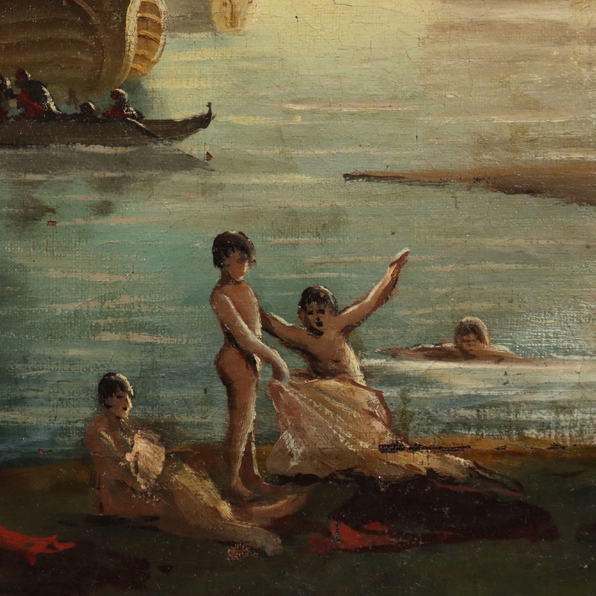 Tableau Ancien Vue du Port Huile sur Toile Italie XVIIIe Siècle-photo-3