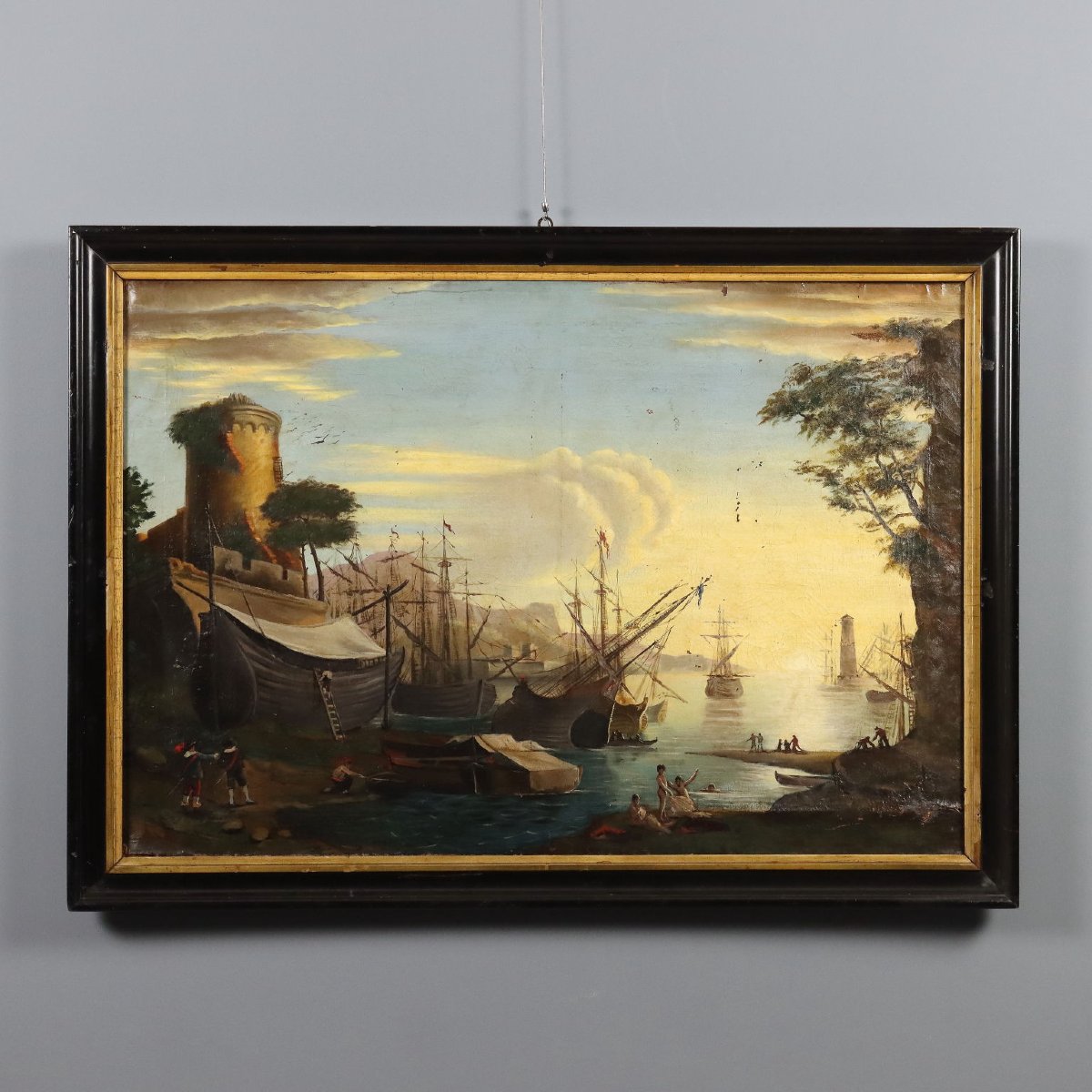 Tableau Ancien Vue du Port Huile sur Toile Italie XVIIIe Siècle