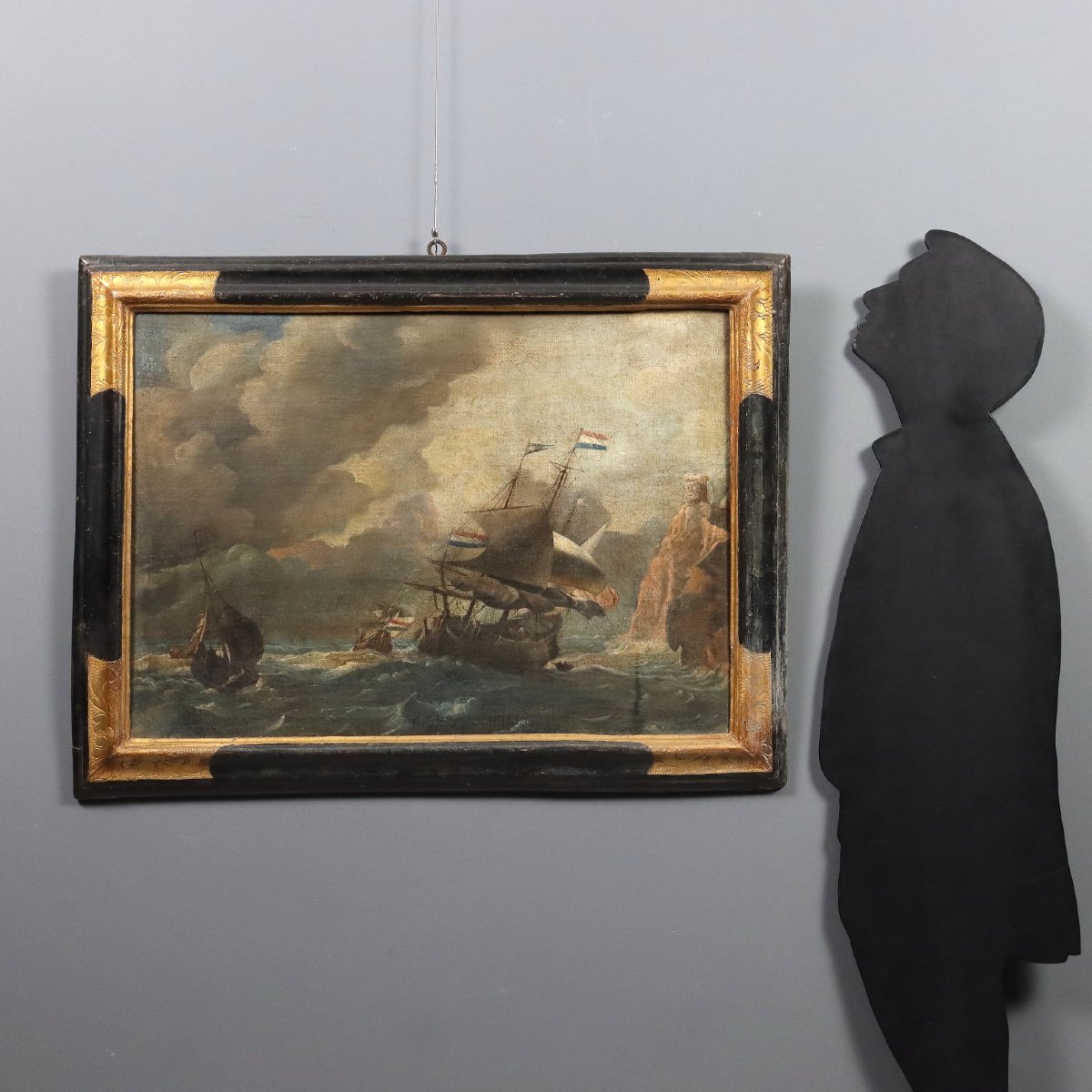 Antique Painting Stormy Sea With Sailing Ships Oil On Canvas '700-photo-2