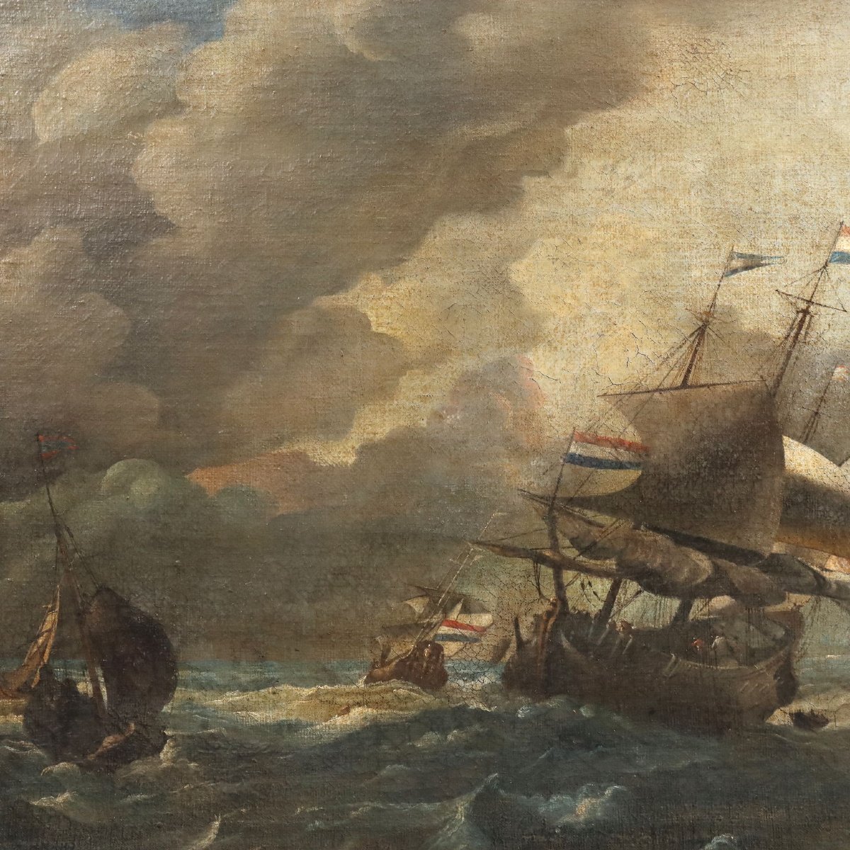 Antique Painting Stormy Sea With Sailing Ships Oil On Canvas '700-photo-3