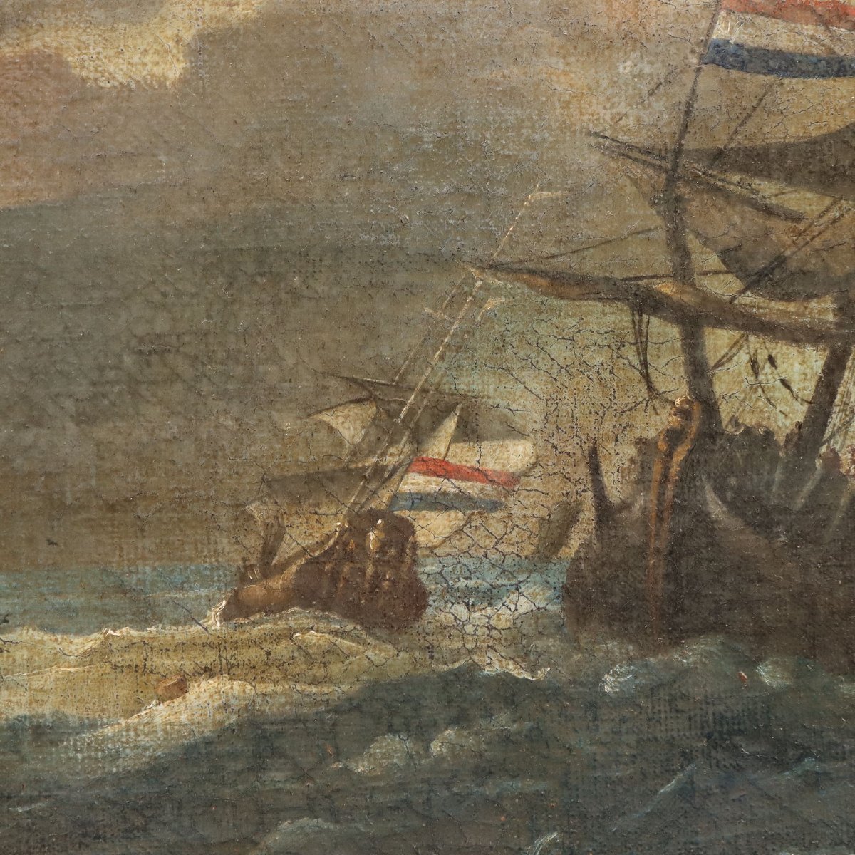 Antique Painting Stormy Sea With Sailing Ships Oil On Canvas '700-photo-1