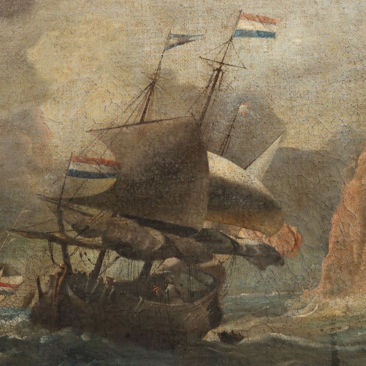 Antique Painting Stormy Sea With Sailing Ships Oil On Canvas '700-photo-2