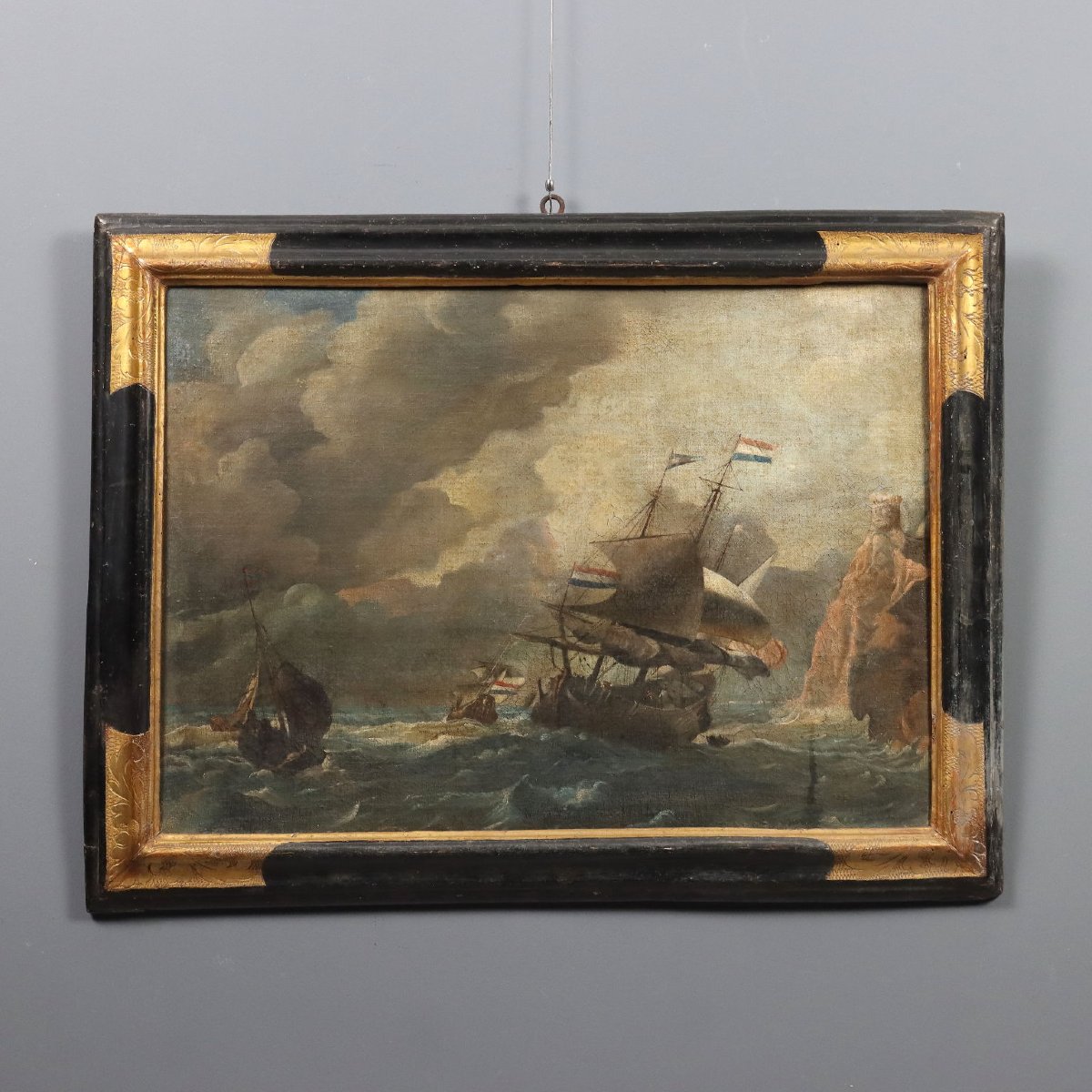Antique Painting Stormy Sea With Sailing Ships Oil On Canvas '700