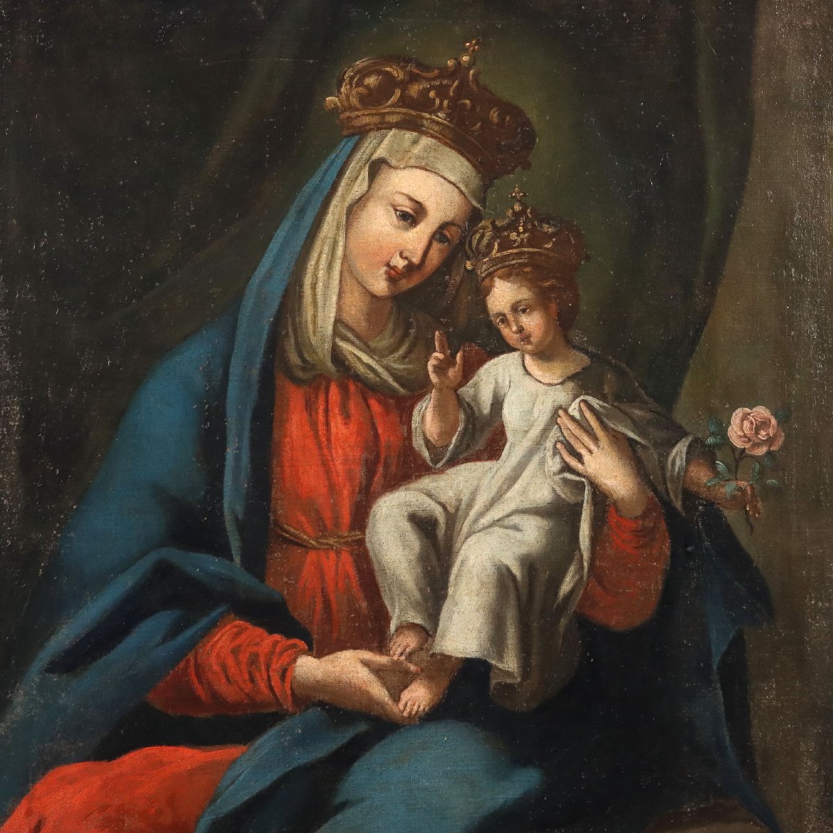 Tableau Ancien Vierge Marie avec Enfant Huile sur Toile XVIIe Siècle-photo-3