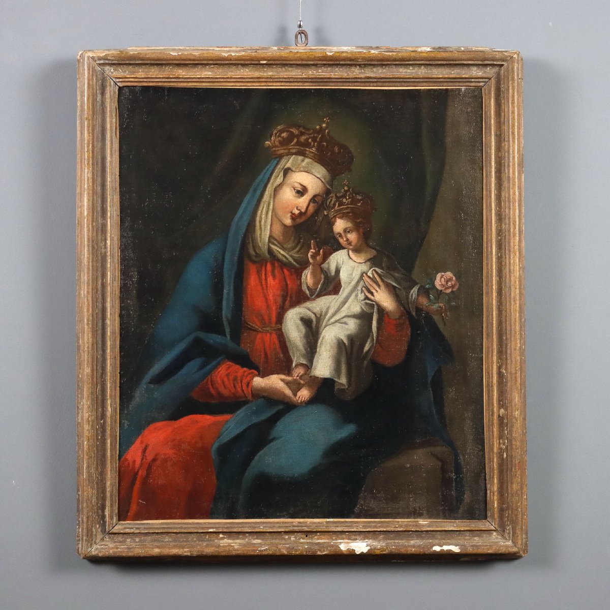 Tableau Ancien Vierge Marie avec Enfant Huile sur Toile XVIIe Siècle