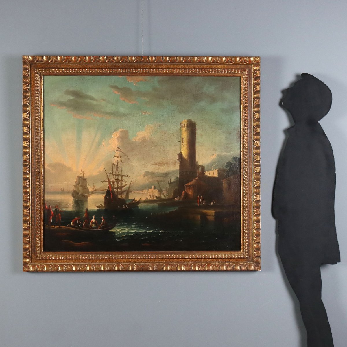 Antique Painting Port Scene Oil On Canvas French School XVIII Century-photo-2