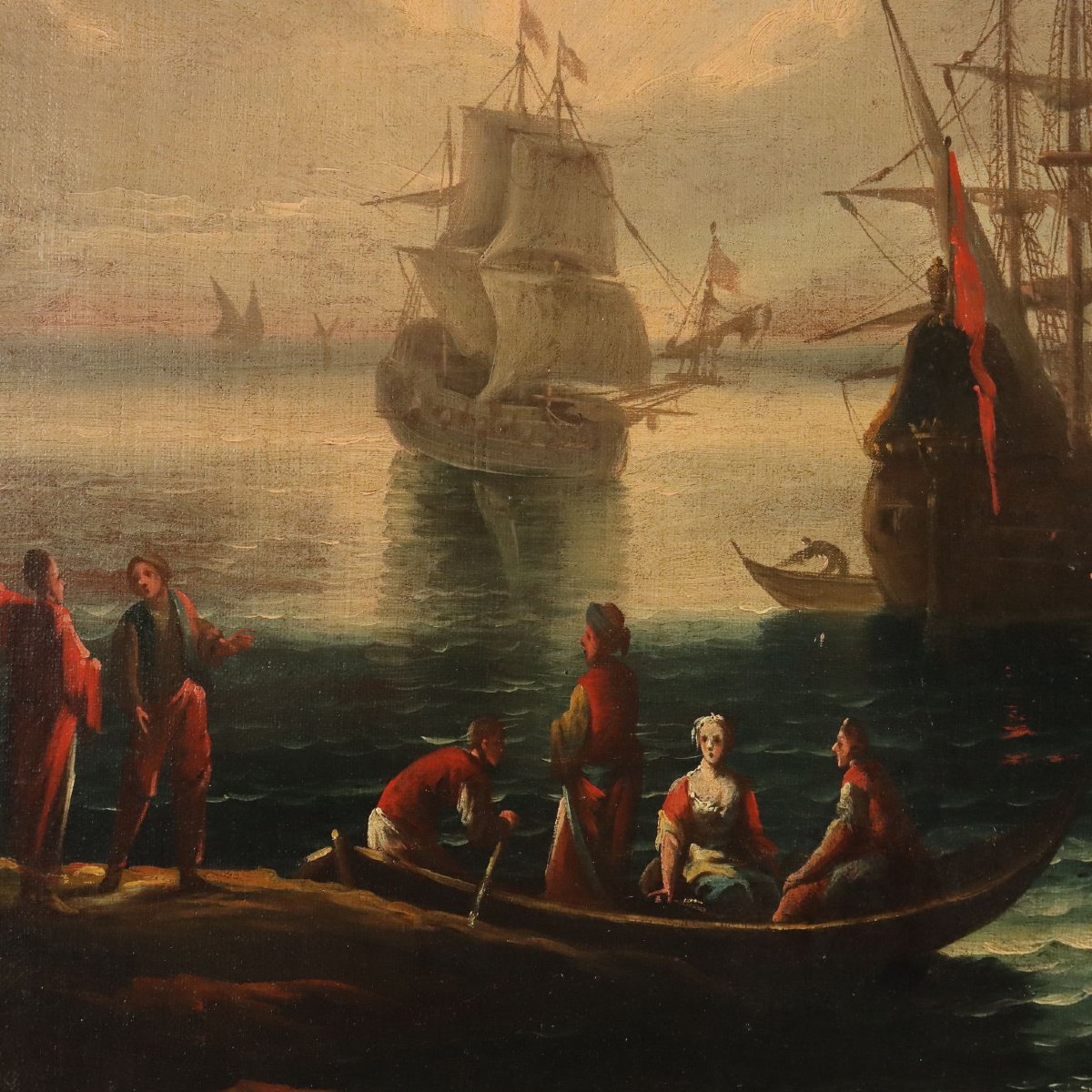 Antique Painting Port Scene Oil On Canvas French School XVIII Century-photo-4