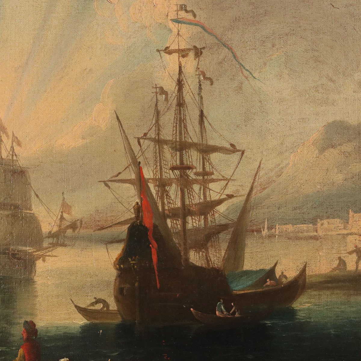 Antique Painting Port Scene Oil On Canvas French School XVIII Century-photo-1