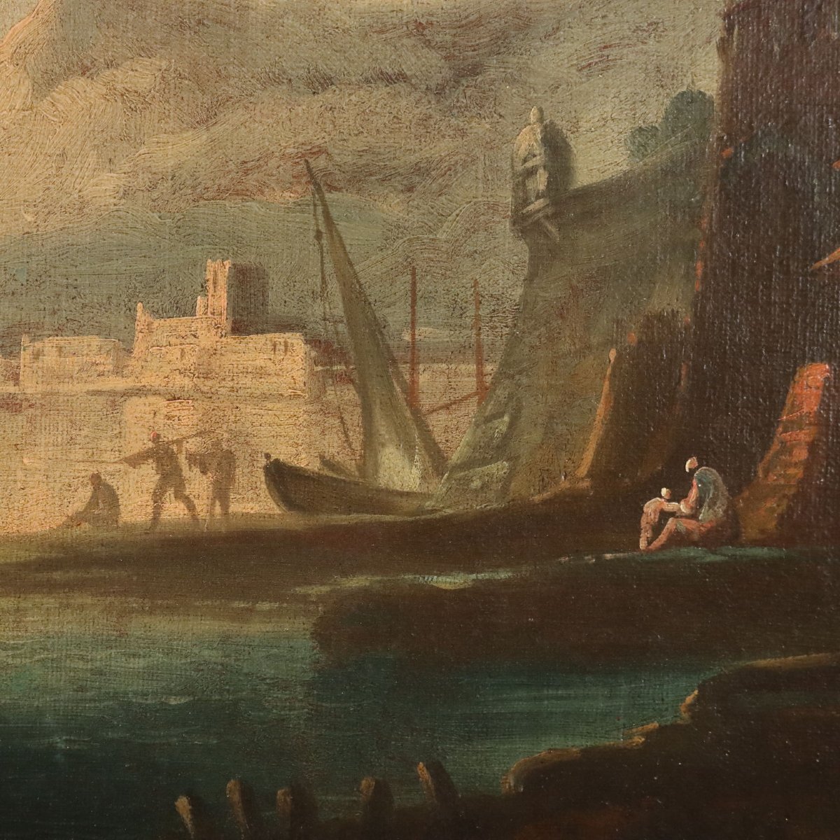 Antique Painting Port Scene Oil On Canvas French School XVIII Century-photo-2