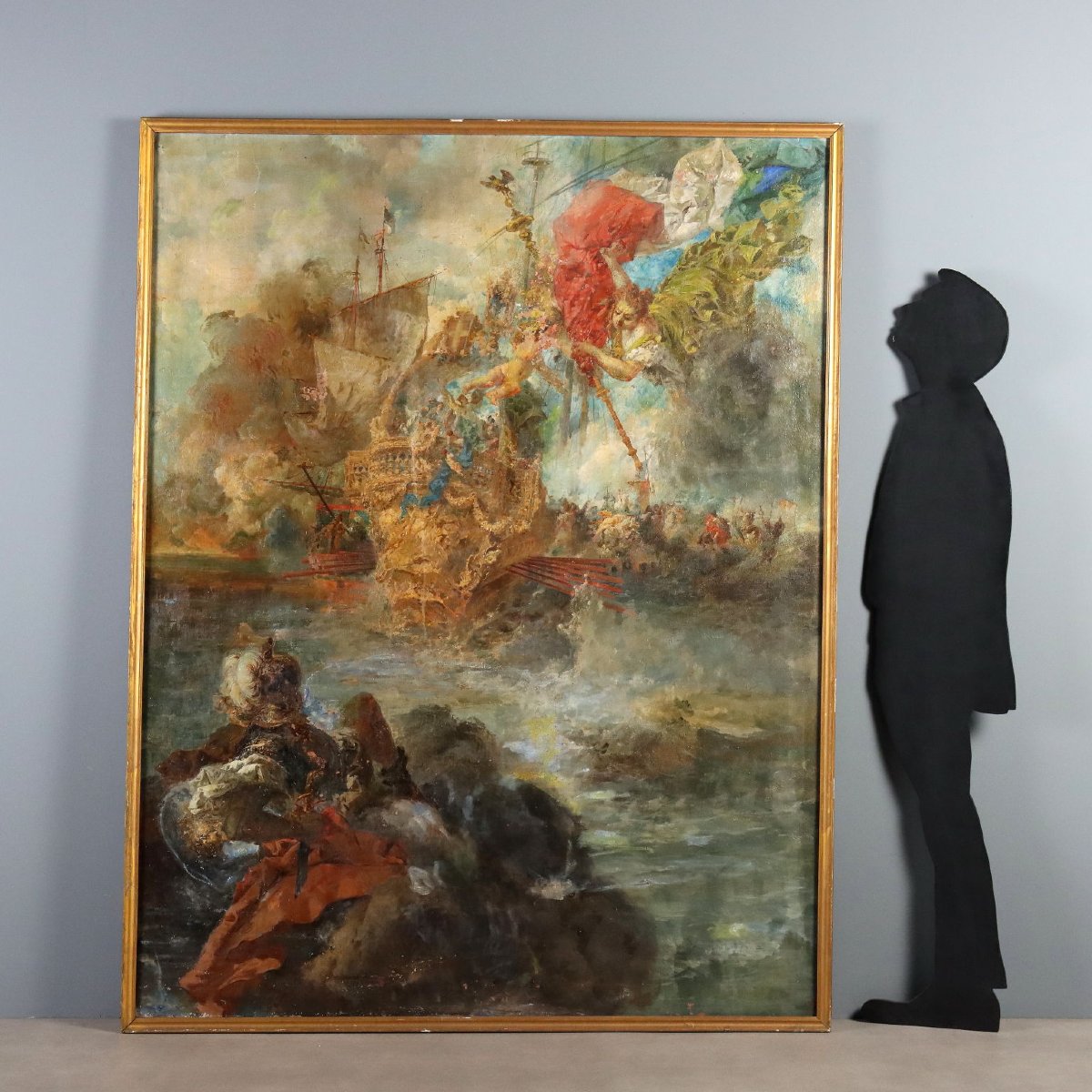 Antique Painting Naval Battle Oil On Canvas XIX Century-photo-2