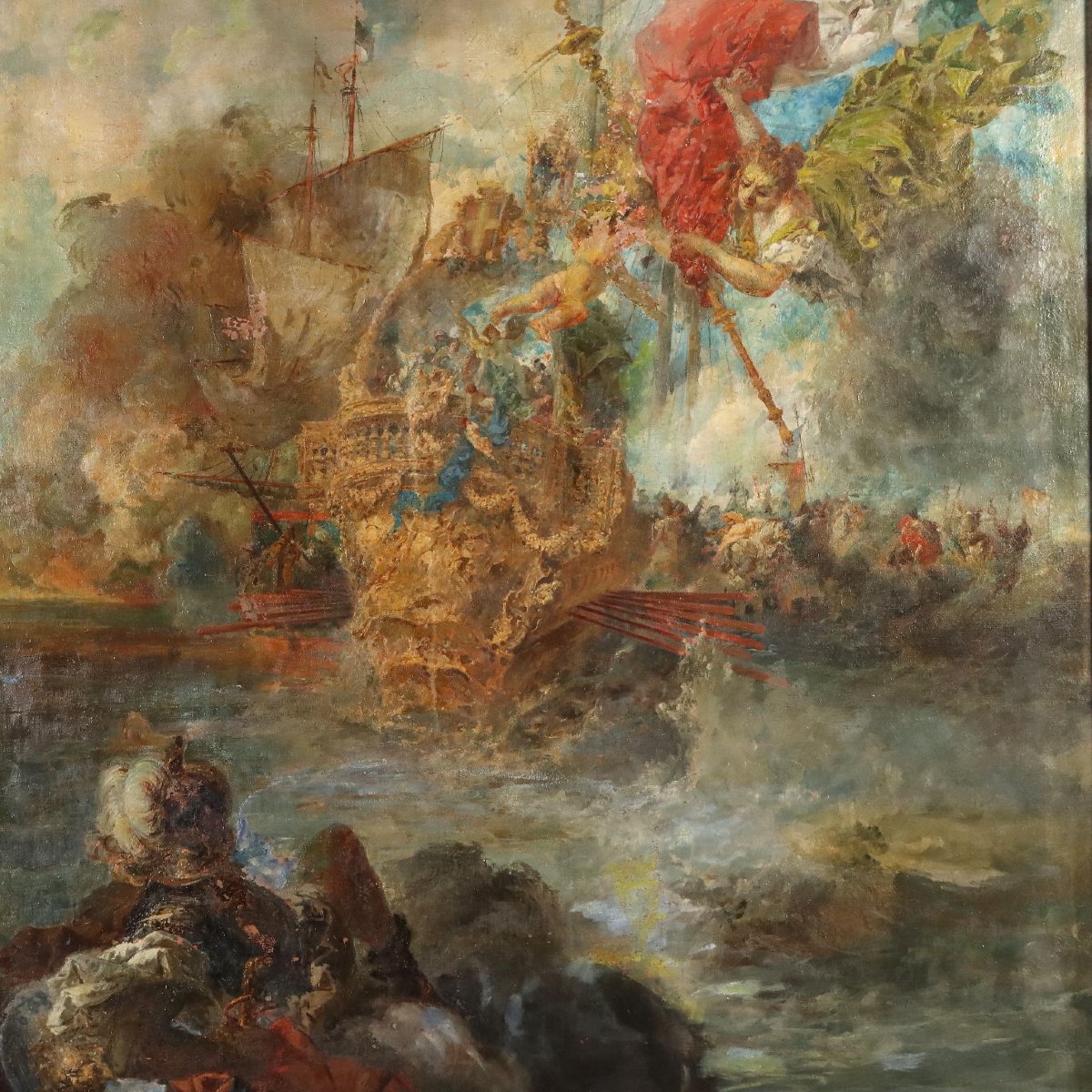 Antique Painting Naval Battle Oil On Canvas XIX Century-photo-3
