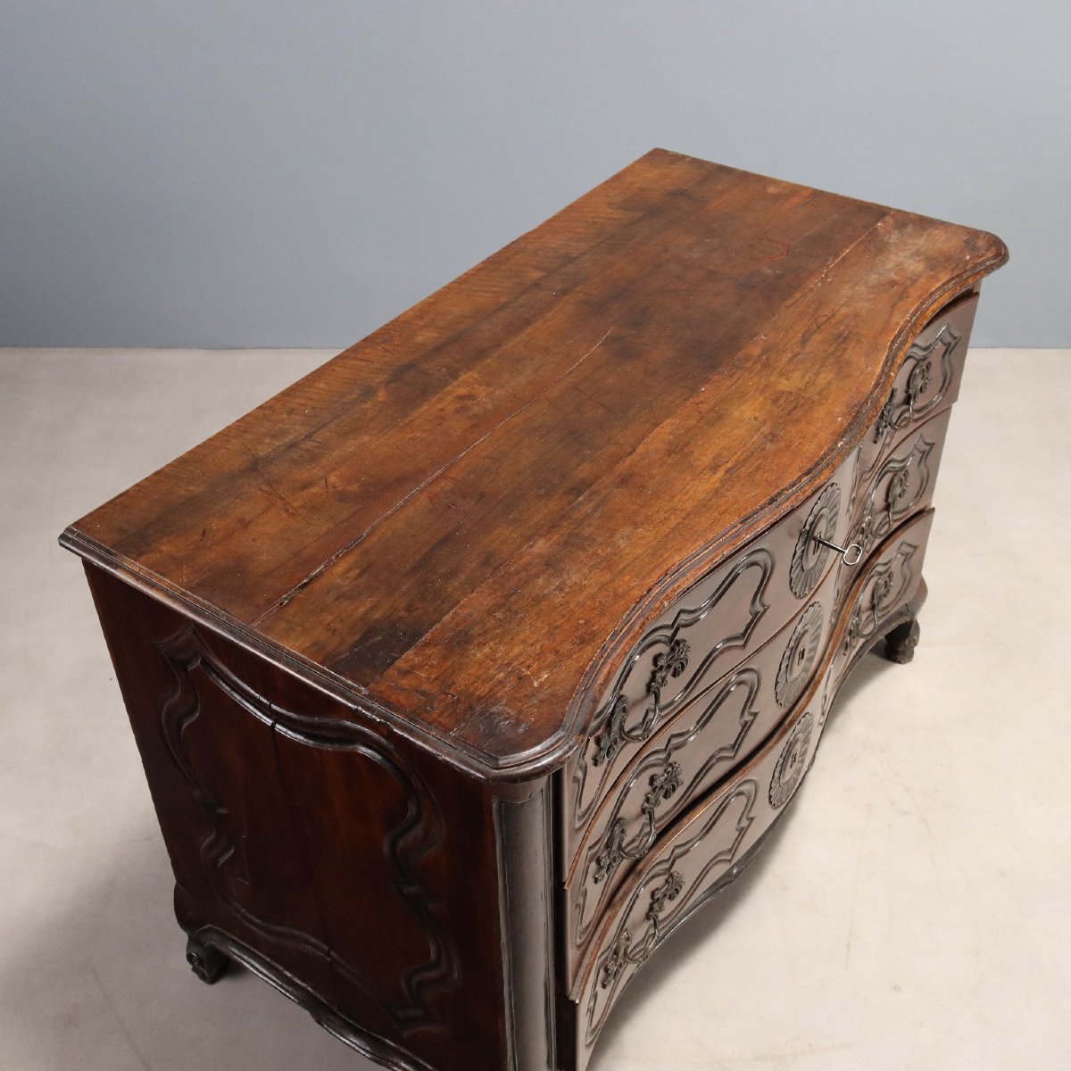 Commode Baroque Ancienne Noyer Gravé France XVIIIe Siècle-photo-3