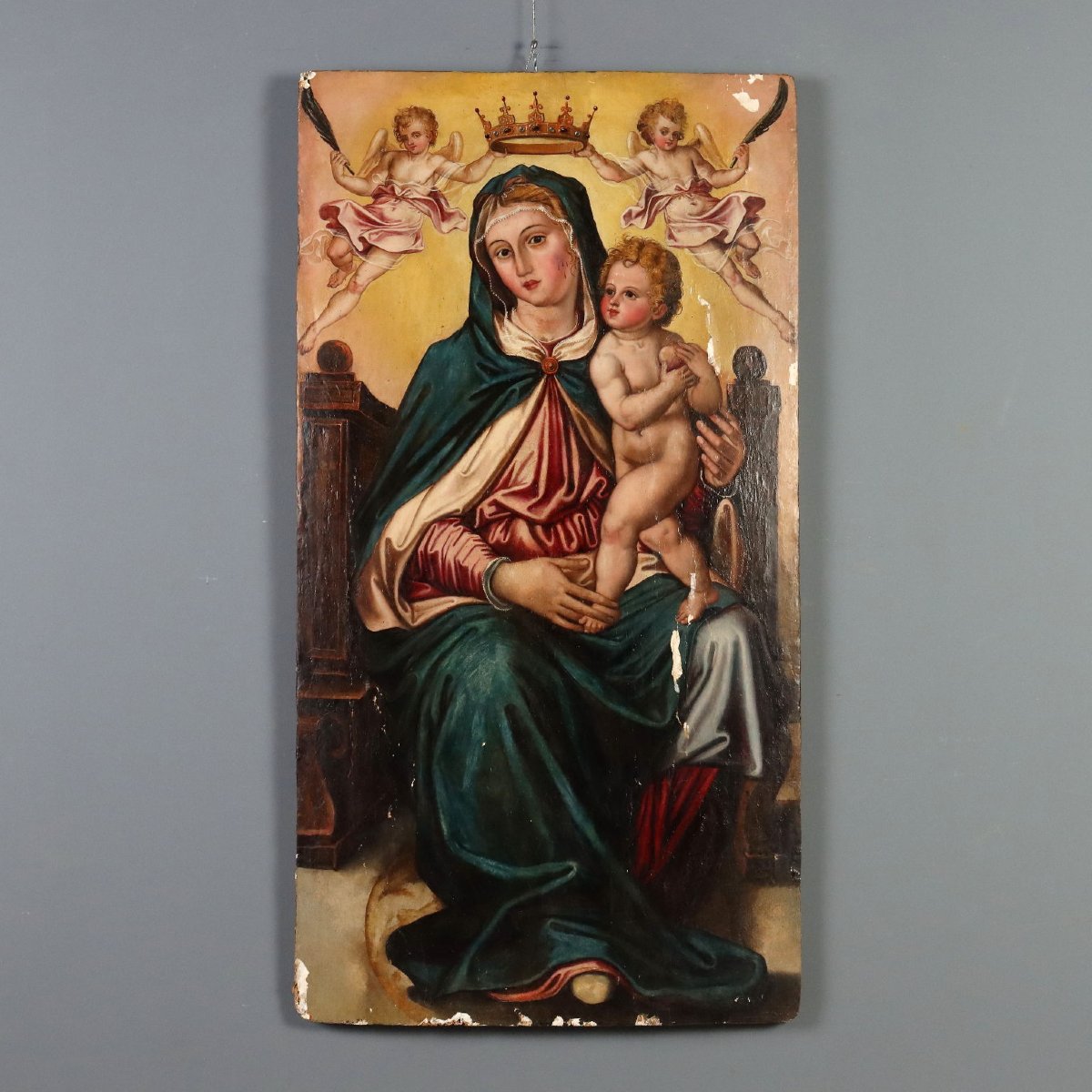 Tableau Ancien Vièrge Marie Huile sur Panneu XVIIe Siècle