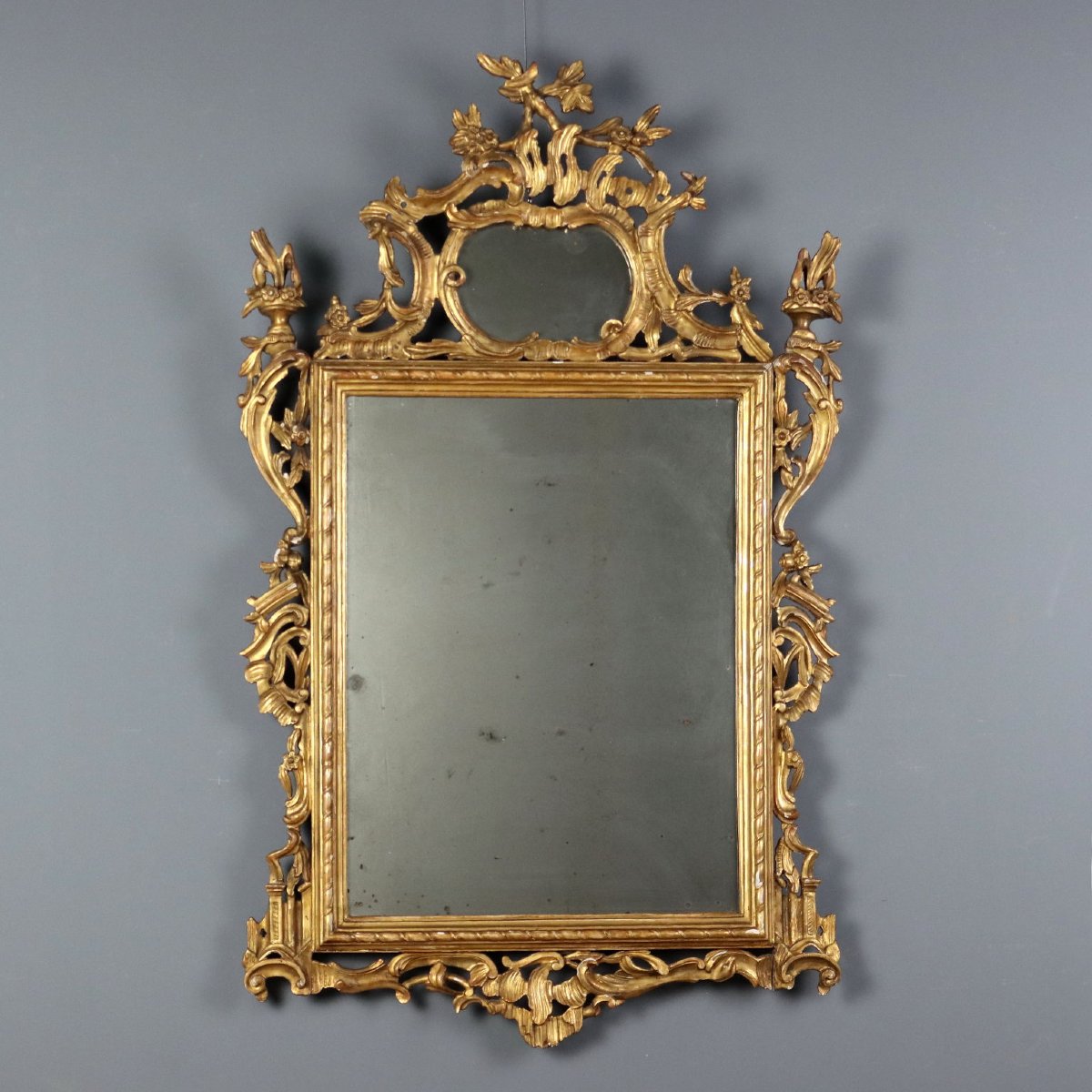 Miroir Ancien Bois Gravé Doré Italie XIXe Siècle