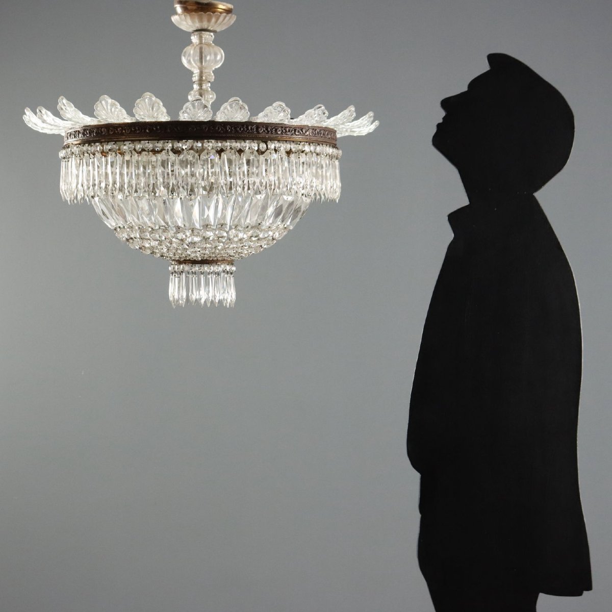 Lustre Ancien Style Empire Verre Métal 5 Lampes XXe Siècle-photo-2
