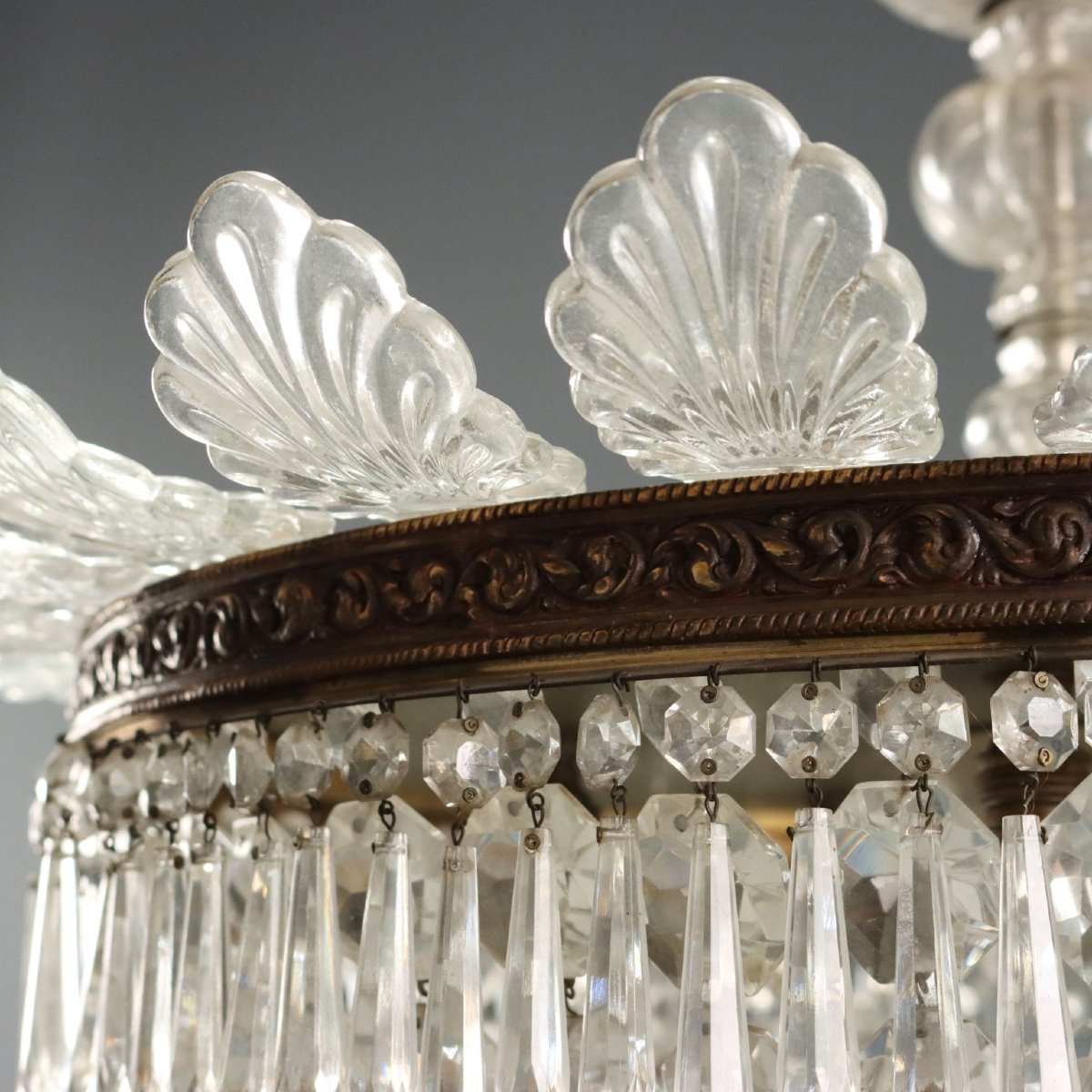 Lustre Ancien Style Empire Verre Métal 5 Lampes XXe Siècle-photo-3