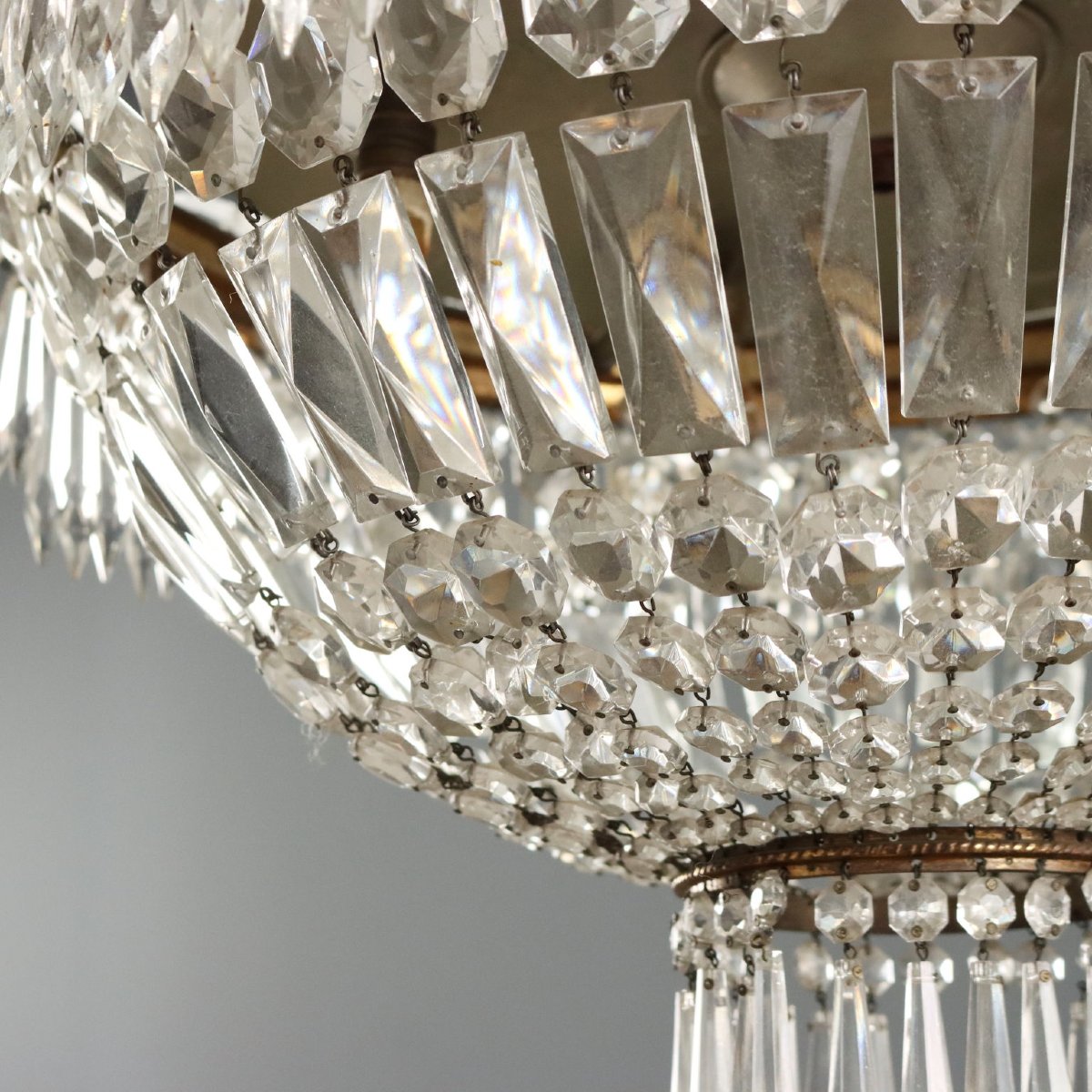 Lustre Ancien Style Empire Verre Métal 5 Lampes XXe Siècle-photo-4