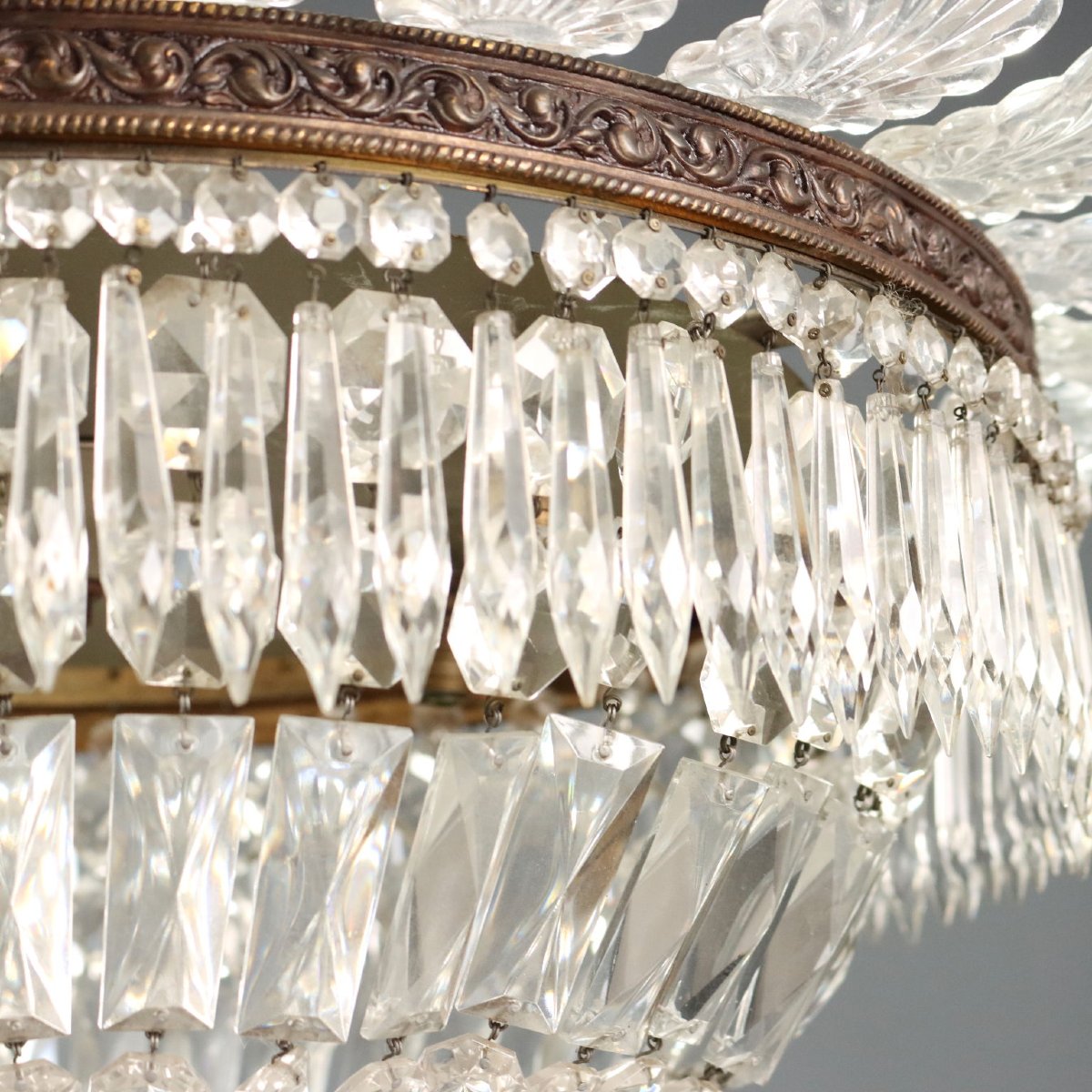 Lustre Ancien Style Empire Verre Métal 5 Lampes XXe Siècle-photo-3