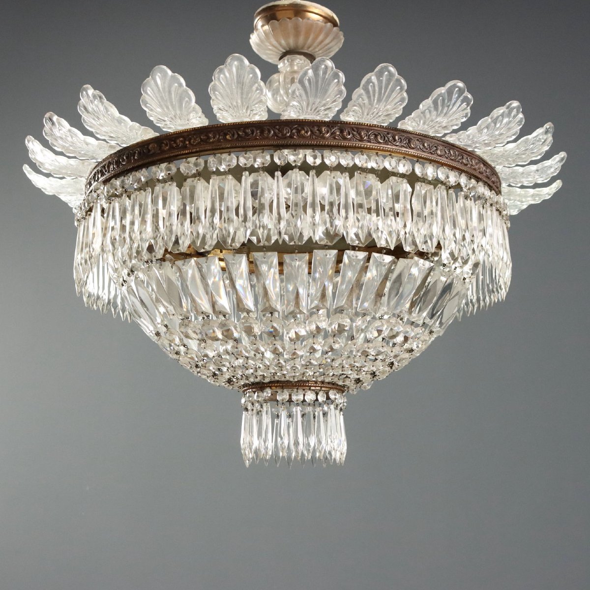 Lustre Ancien Style Empire Verre Métal 5 Lampes XXe Siècle