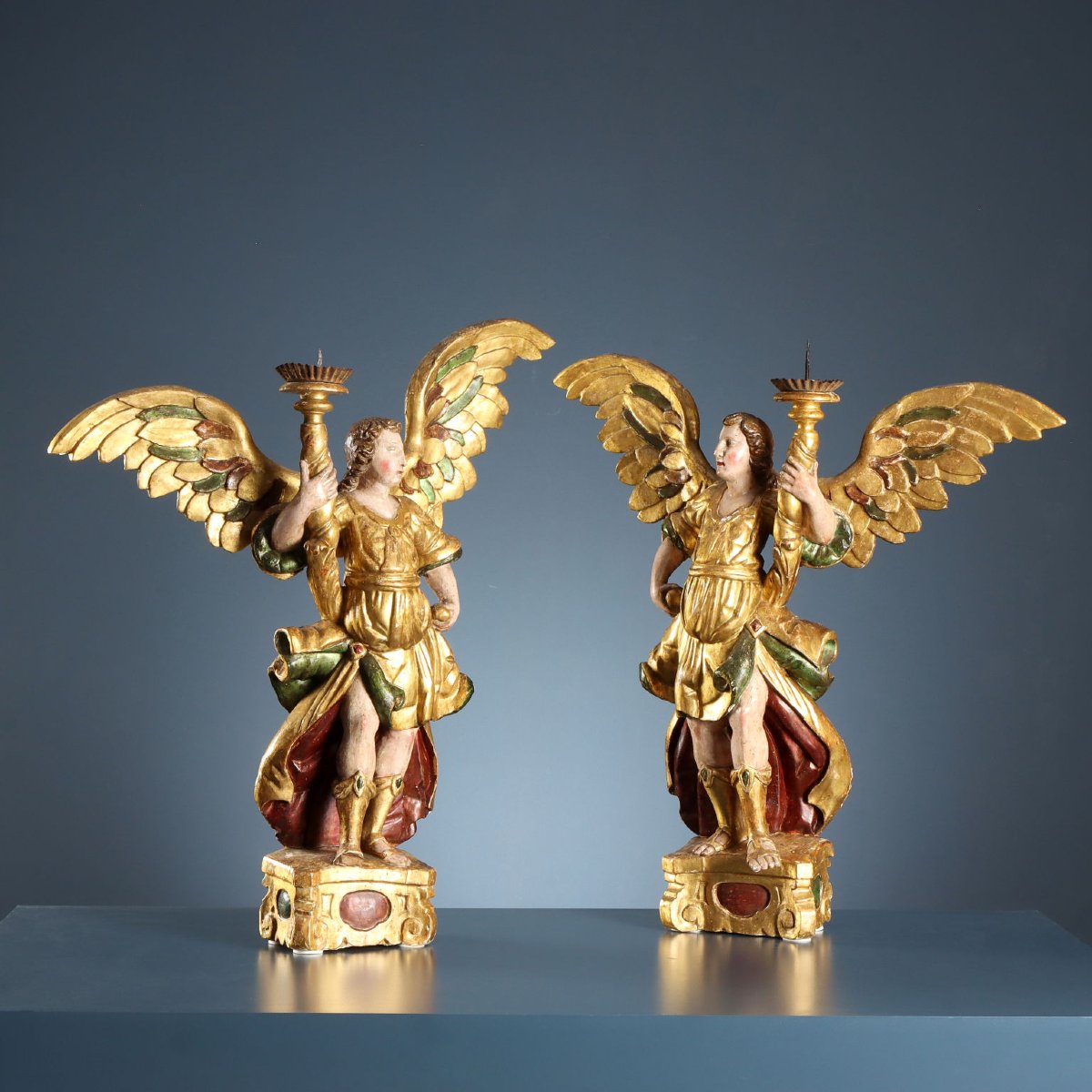 Bougeoirs Anciens Bois Gravé Baroque Italie du XVIIe Siècle