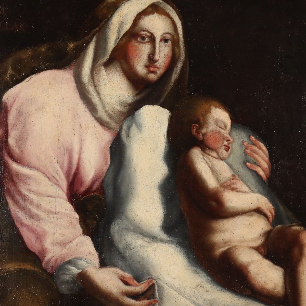 Tableau Ancien Vièrge Marie et Enfant Huile sur Toile XVIIe Siècle-photo-3