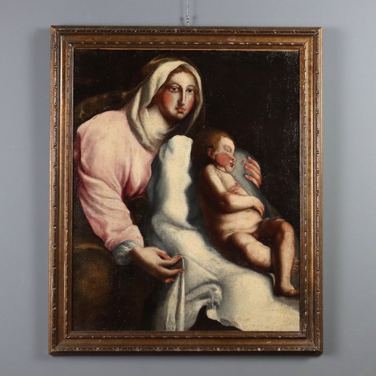 Tableau Ancien Vièrge Marie et Enfant Huile sur Toile XVIIe Siècle