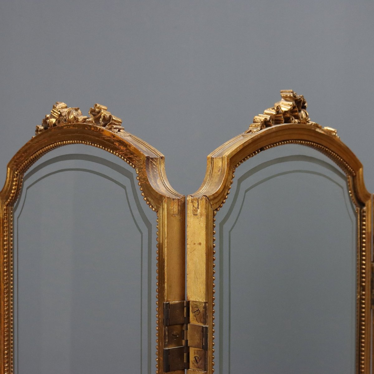 Antique Screen Gilded Wood Fabric Carvings Italy XIX Century-photo-3