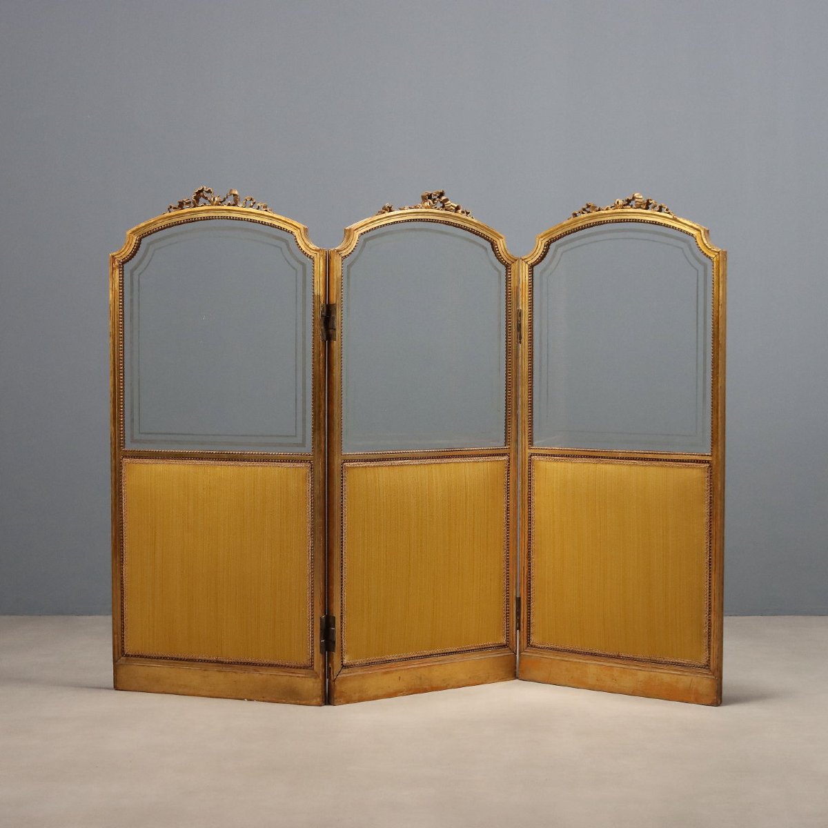 Antique Screen Gilded Wood Fabric Carvings Italy XIX Century-photo-4