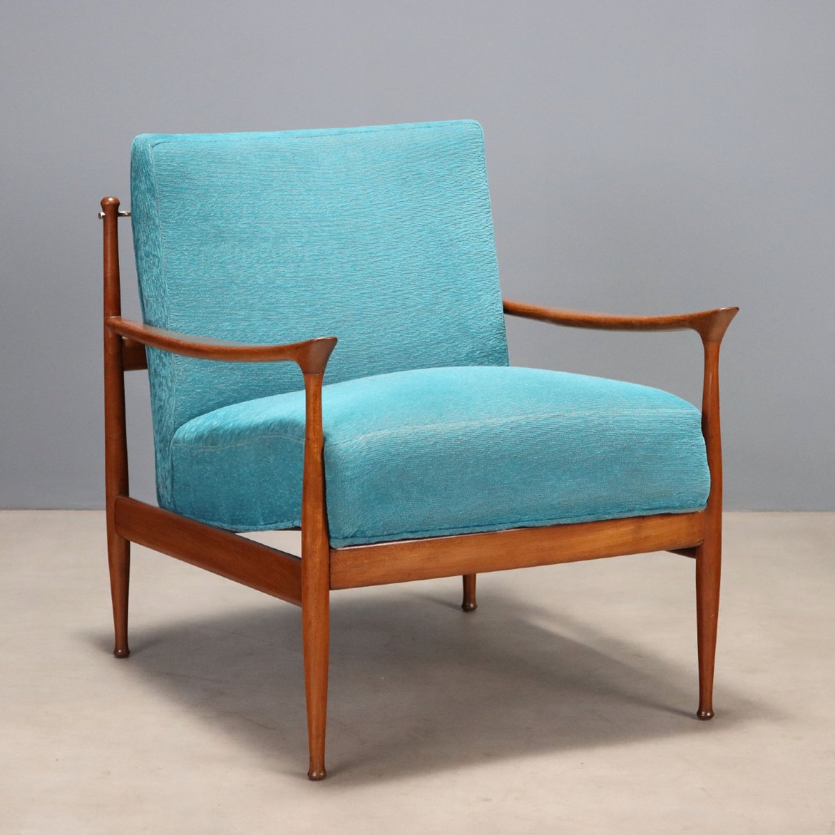 Vintage Armchair Teak Fabric Padding Design Italy 1960s