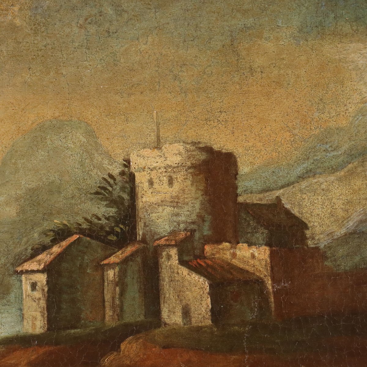 Antique Painting Landscape With Figures Oil On Canvas XVIII Century-photo-1