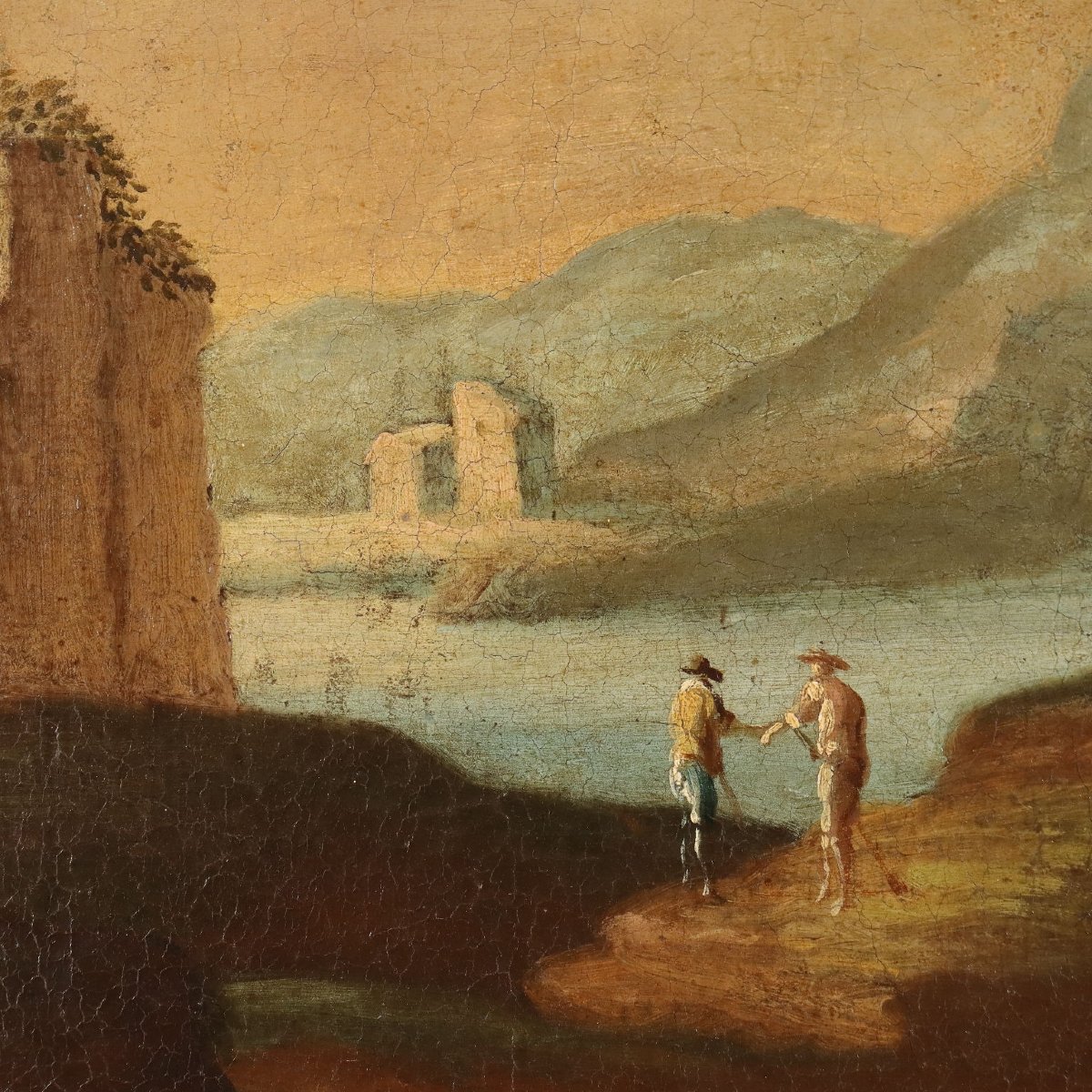 Antique Painting Landscape With Figures Oil On Canvas XVIII Century-photo-2