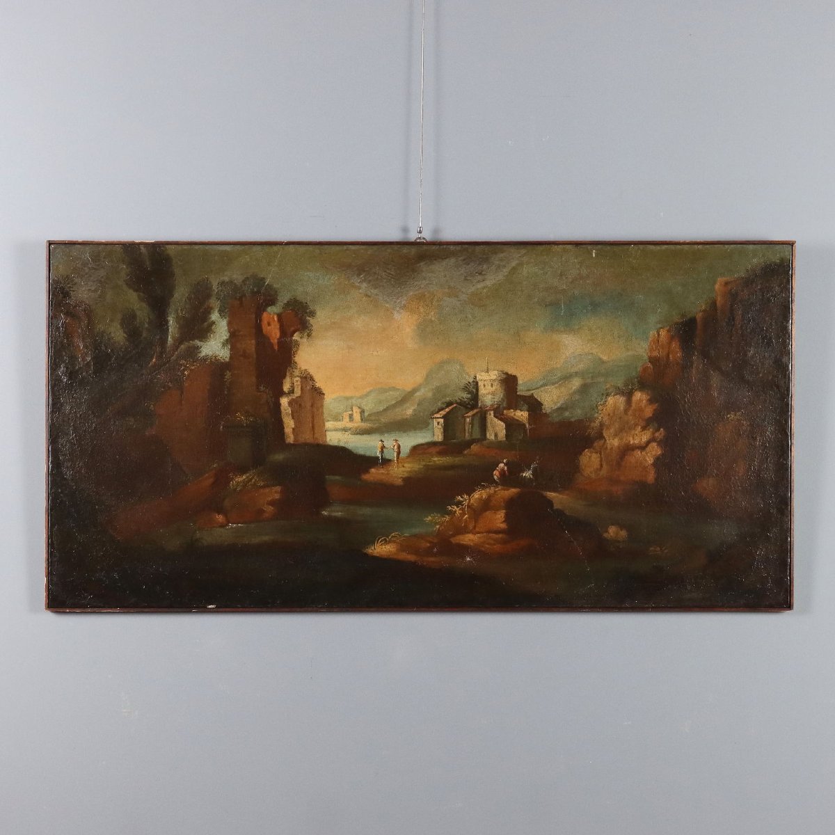 Antique Painting Landscape With Figures Oil On Canvas XVIII Century