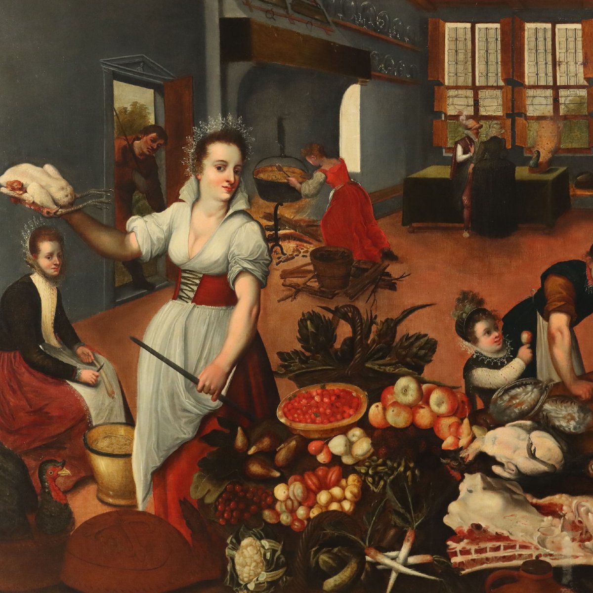 Antique Painting Kitchen Scene Oil On Canvas Flemish School Original-photo-3