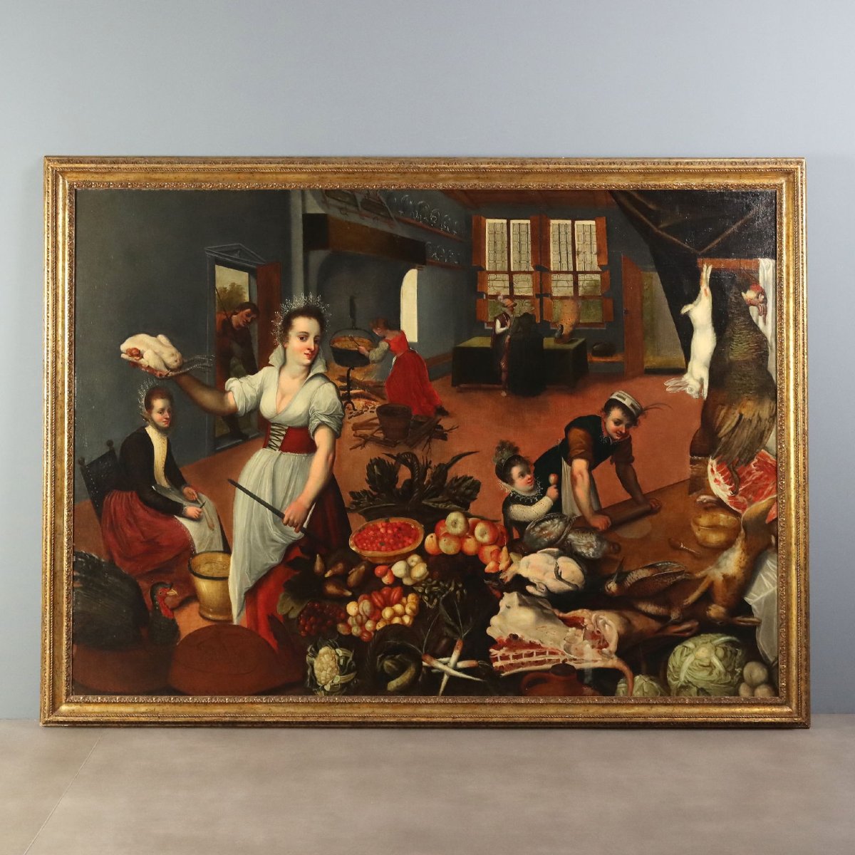 Antique Painting Kitchen Scene Oil On Canvas Flemish School Original