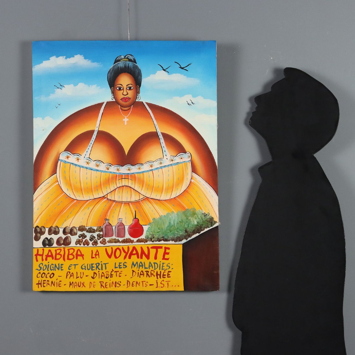 Peinture Naïve Africaine La Vendeuse d'Herbes Huile sur Toile-photo-2