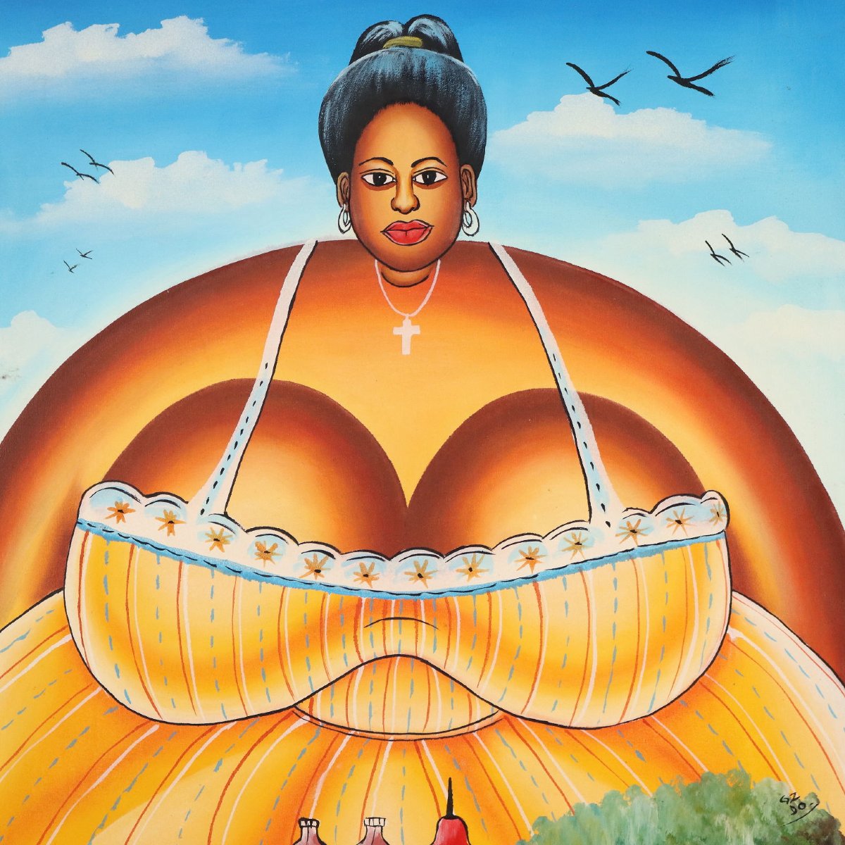 Peinture Naïve Africaine La Vendeuse d'Herbes Huile sur Toile-photo-3