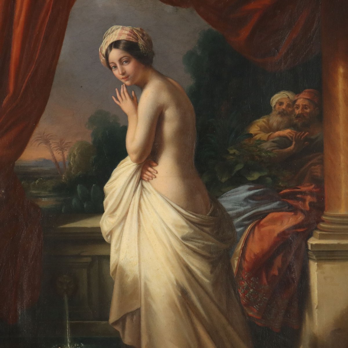 Tableau de Guglielmo Berti "Suzanne et les Vieillards" Hiule sur Toile XIX Siècle-photo-3