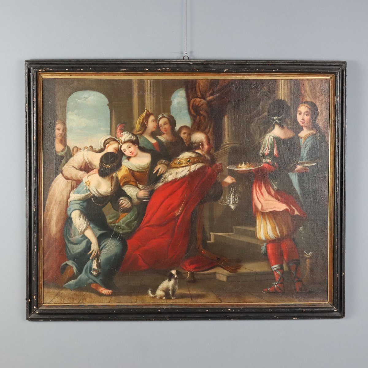 Tableau Ancien Scène Biblique de l'Idolâtrie du Roi Salomon Hiule sur Toile XVII Siècle