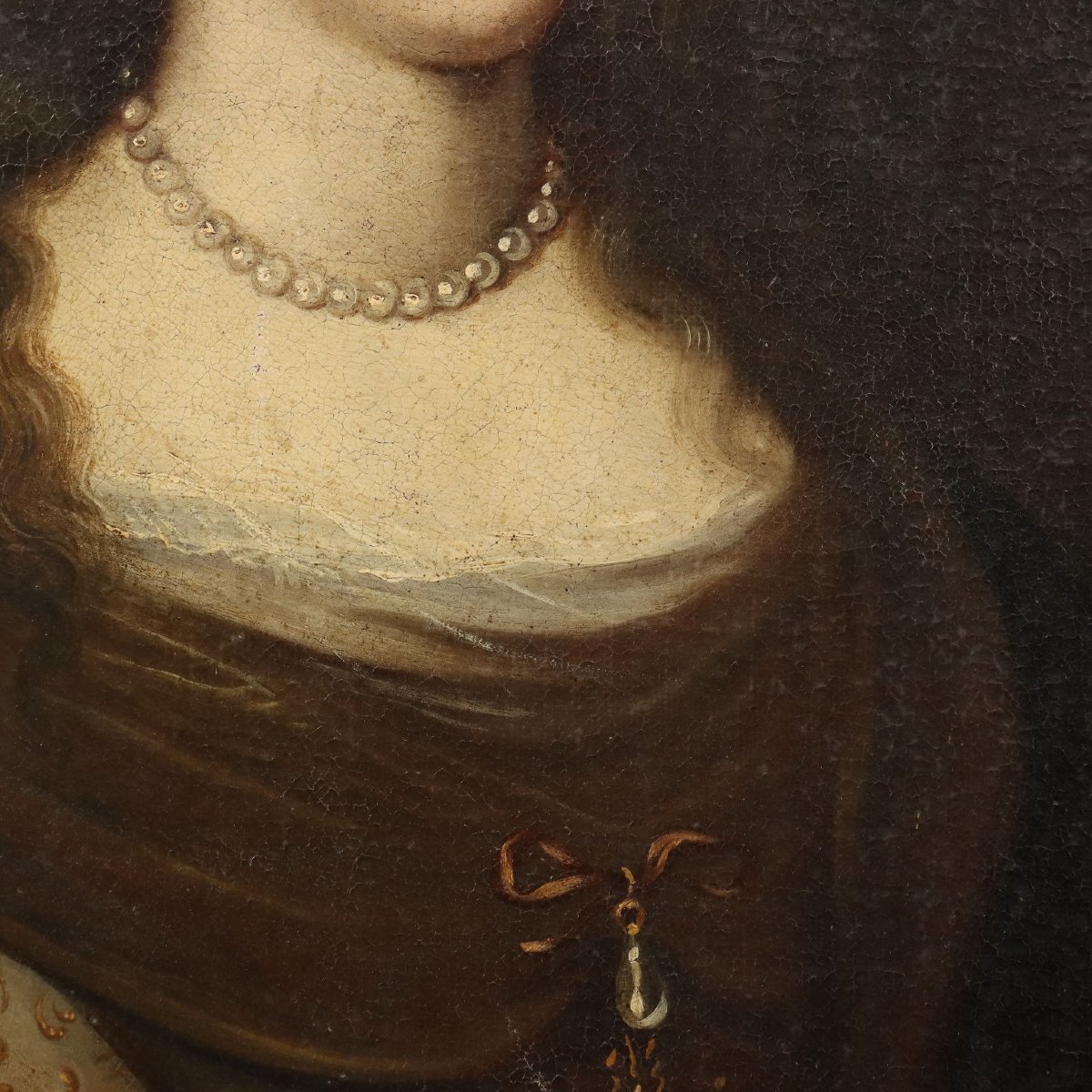 Tableau Ancien Portrait d'une Femme Huile sur Toile XVIIe Siècle Original-photo-1