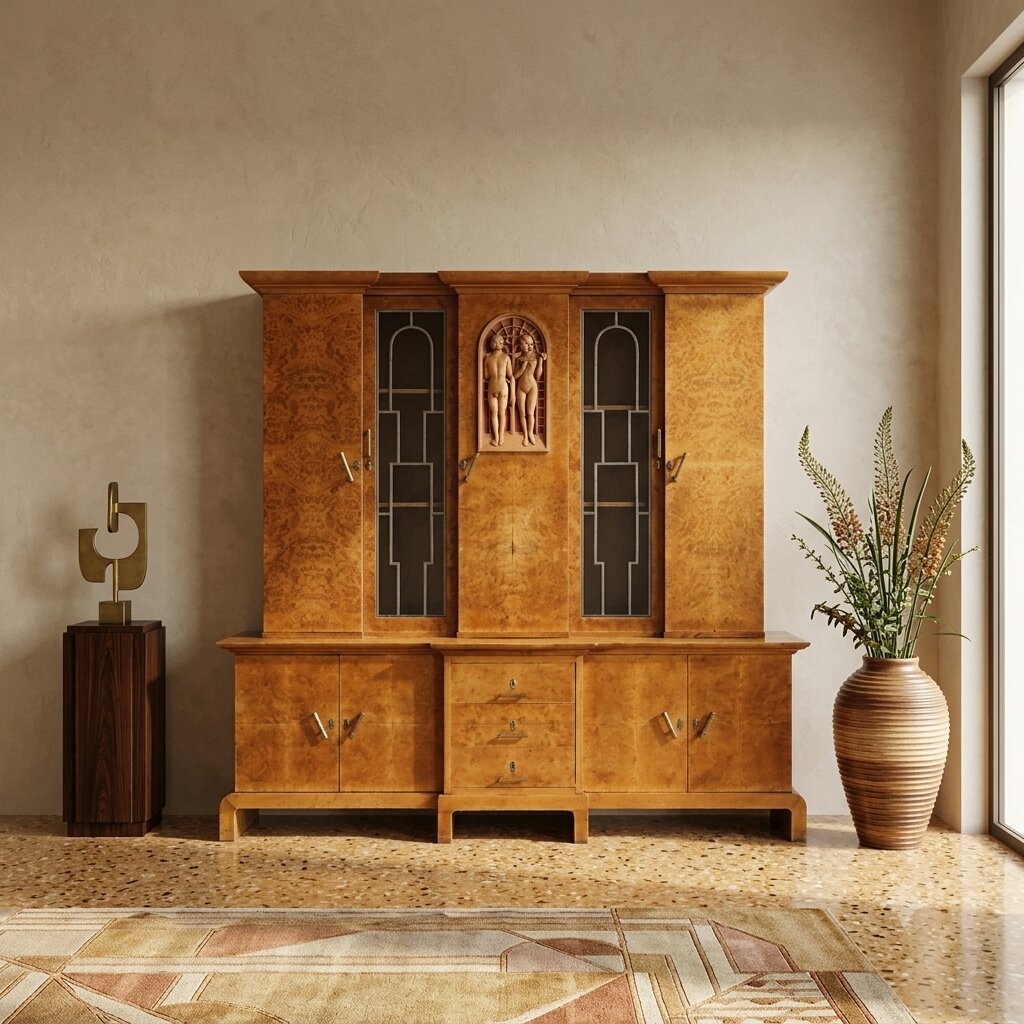 Antique Art Deco Cabinet Maple Burl Veneer XX Century Original-photo-2